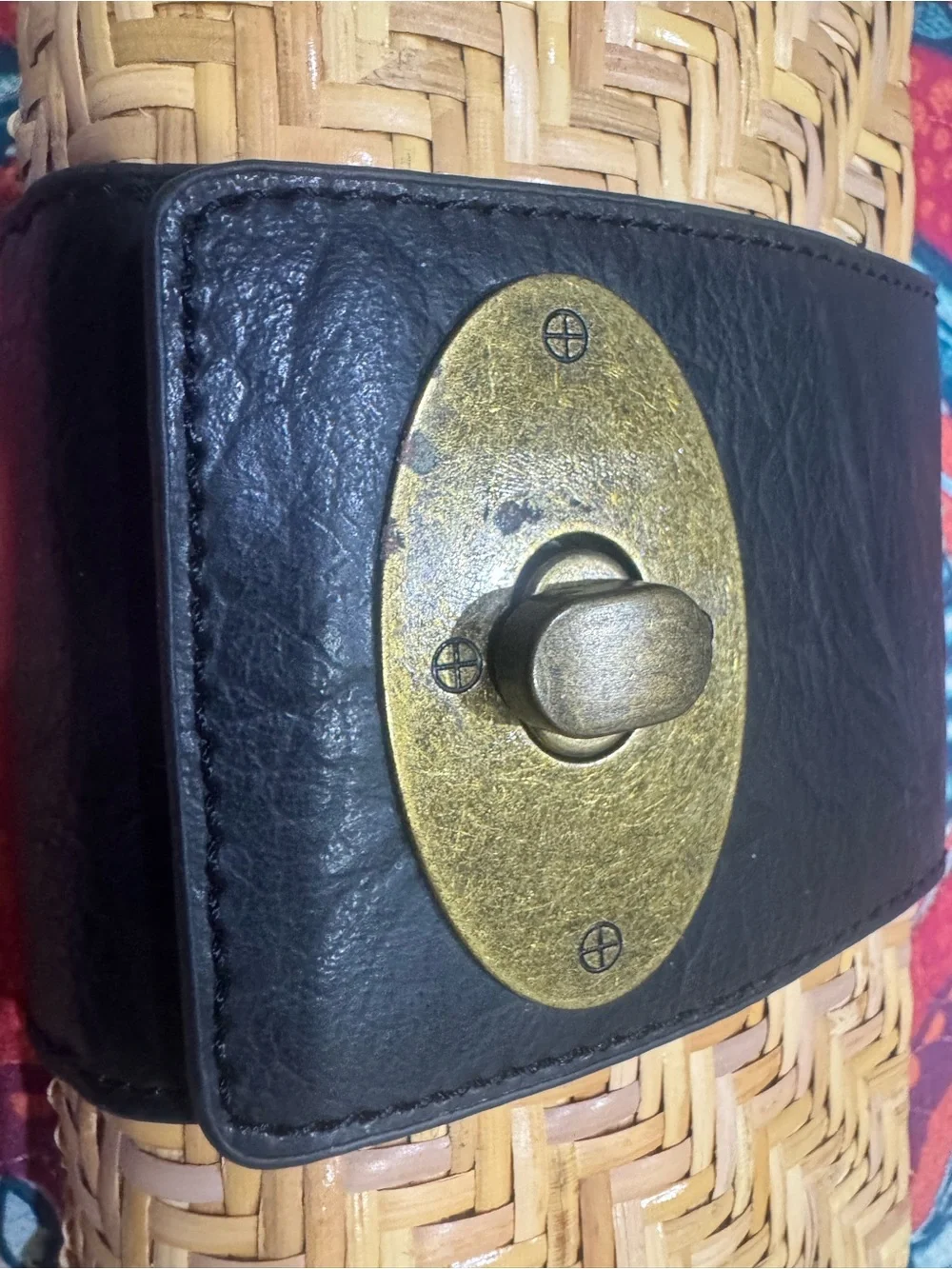 Woven Straw Clutch with Black Leather Accent